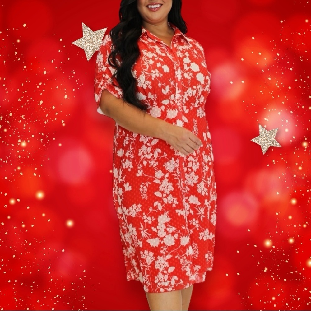 NWT Maree Pour Toi Red & White Floral Print Swiss Dot Button-Up Midi Dress Sz 26
